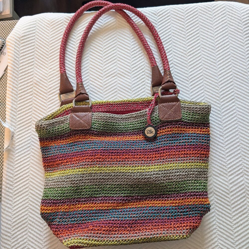 The Sak Cambria Crochet Tote Bag Rainbow Striped Multicolor Boho Purse Beach